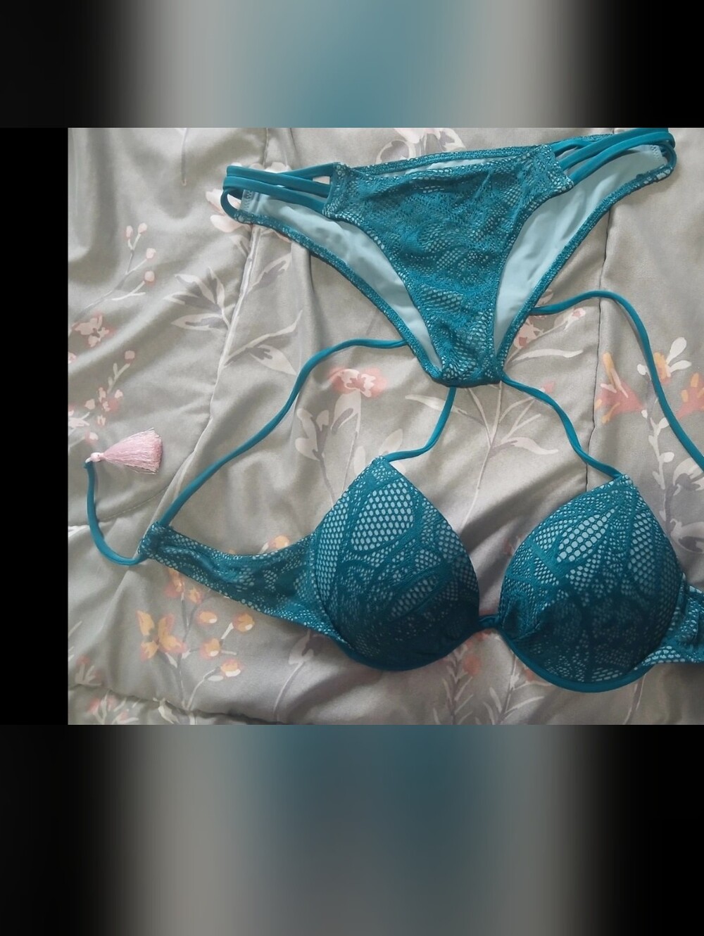 Victoria's Secret Top 32C Teal Lace Bikini Set Bottom Size S